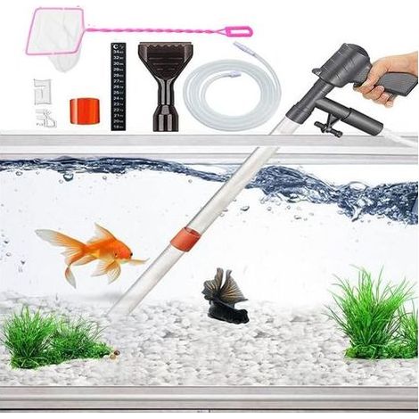 Aquarium substrate cleaner, vacuum sand extractor, suitable for aquarium water changers, comes with an aquarium thermometer and fish net kit, used for cleaning aquarium substrate and sand - pink. (1/5)