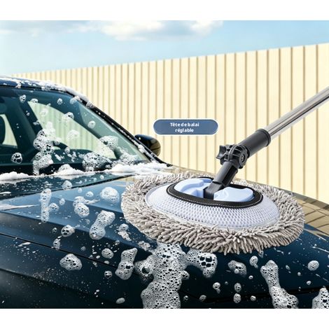 Brosse de lavage voiture rétractable tête rotative 180°, poils chenille microfibre, usage sec et humide, préserve la peinture automobile, fournie avec une lingette de rechange pour nettoyage véhicule (1/5)