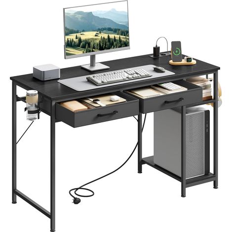 WOLTU Scrivania per Computer con Prese di Scrivania con Portabicchieri e Gancio e 2 Casetti Nero