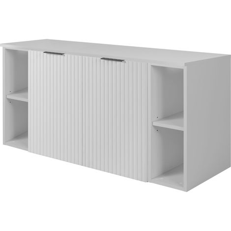 Furnidea - Meuble sous vasque suspendu FLOW BLANC 120 cm avec 2 x l'étagères - extensions et plan - 2 portes - façades rainurées (1/5)