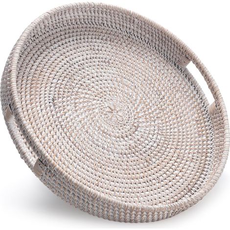 Panier rond en vigne de 33 à 20 cm - Panier décoratif pour table basse - Panier pour repose-pieds - Panier tressé avec anse - Peinture blanche (1/5)