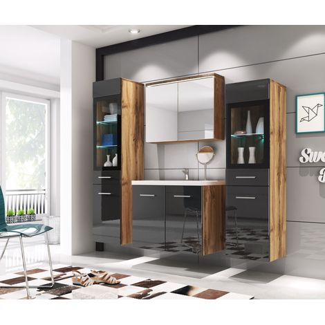 Bratex – Ensemble de meubles de salle de bain suspendus avec lavabo et éclairage LED – Panneaux stratifiés résistants aux rayures – Couleur wotan/noir brillant (1/4)