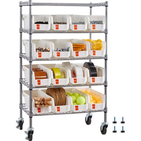 VEVOR Scaffale per Carichi Pesanti Portaoggetti con ruote a 5 Ripiani, 16 Contenitori Portaoggetti, Sistema di Scaffalature in Filo deAcciaio, per Garage, Magazzino, Ufficio, Ristorante, Aula, Cucina (1/5)