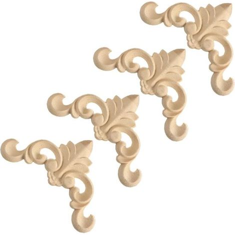 Adornos de madera - Apliques tallados en madera - Decoración de muebles - Diseño clásico europeo - 4 piezas - Madera sin tratar (1/5)