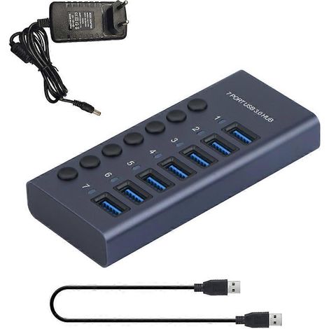 Hub USB 3.0, répartiteur USB 7 ports, expandeur USB 7 ports, adaptateur secteur 12 V, 5 Gbit/s, USB 3.0 - UE (1/4)