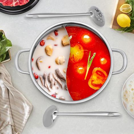 Casserole en acier inoxydable avec séparateur, casserole avec cuillère/cuillère à lécher, marmite en acier inoxydable antirouille pour hôtels, restaurants, maisons privées (argent, 32 cm) (1/5)