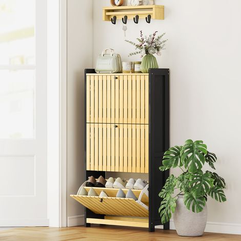 Schuhschrank für 18 Paar Schuhe mit 3 Klappschubladen, Lamellentüren aus Bambus, 60 x 24 x 118 cm, schwarz-naturfarbenes Holz
