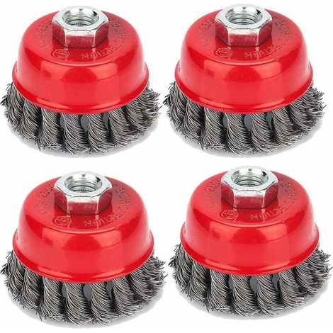 Lot de 4 brosses coniques, meuleuses, brosse métallique, brosse coupelle torsadée, brosses de ponçage pour meuleuse d'angle, élimination de la corrosion, Ø 75 mm, M142 (1/5)