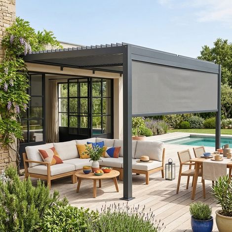 Pergola bioclimatique aluminium adossée 4x3m anthracite + 1 store 4m Palace (1/5)