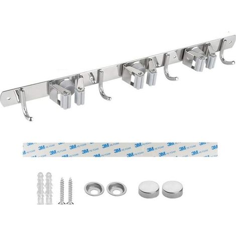 Wall Mounted Broom Holder, Stainless Steel, Adhesive Broom Holder with Hook, Multifunctional Broom Cabinet for Kitchen, Garden, Bathroom, Garage, Balcony, Office
