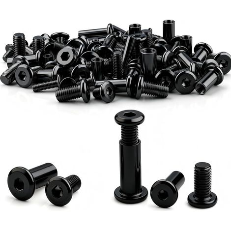 Lot de 96 vis à douille M6 x 20 mm 48 écrous de douille et 48 vis à manchon en acier carbone pour meubles, revêtements en bois, garde-robe noir (1/5)