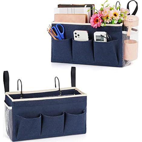 Lilithye Lot de 2 organiseurs de chevet avec sangles fixes et porte-bouteille d'eau pour maison, université, dortoir, lit superposé d'hôpital, lit de berceau (Bleu marine) (1/5)