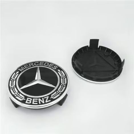 Jeu de 4 enjoliveurs centraux de roue (75 mm) pour Mercedes-Benz Classe C, Classe E, Classe GLK, Classe GLC et Classe CLS. Nouveau modèle 75 mm entièrement noir.