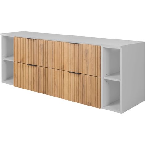 Furnidea - Meuble sous vasque FLOW CHÊNE 160 cm avec 2 x l'étagères - extensions et plan BLANC - 4 tiroirs - façades rainurées (1/5)