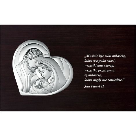 Bild des silbernen modernen Herzens der Heiligen Familie mit einem Zitat von Johannes Paul II. 18x11,5 Größe: 18x11,5cm Artikelnummer: BC6480/W