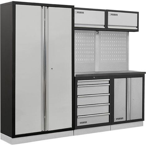 Modulares Werkstattmobel mit Edelstahlplatte Schranke und Schubladen Fervi a008t