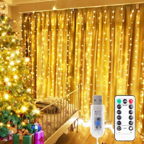 Rideau Lumineux Guirlandes Lumières Décoratives de Fenêtre 8 Modes avec IP65 Etanche pour Extérieur Intérieur chaud 300LED 3M Blanc (1/5)
