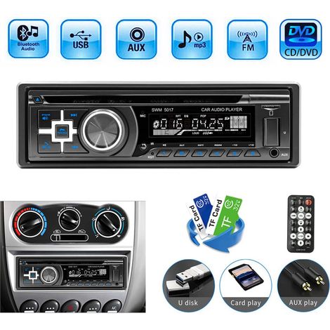 Autoradio stéréo CD DVD Lecteur MP3 Bluetooth Mains libres AUX USB FM Simple 1 DIN (1/5)