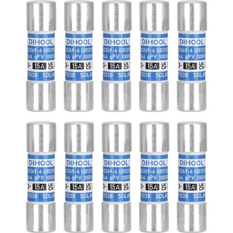 photovoltaïque fusible 15A DC 1000v 10x38 20ka haute pression fusible tube solaire photovoltaïque application photovoltaïque forte fine fusible (paquet de 10) (1/2)