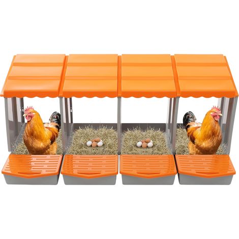 Niche de ponte 4 compartiments - PP - Orange - Toit inclinĂ© - Zone collecte Ćufs - Fixation murale ou pose libre - Pour poulailler, jardin, ferme (1/5)