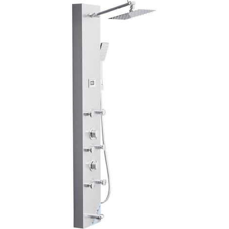 Panneau de douche mural acier inoxydable brossé 49 pouces, avec pomme de pluie LED, robinet 4 fonctions, 6 jets corporels, douchette à main et bec de baignoire. (1/5)