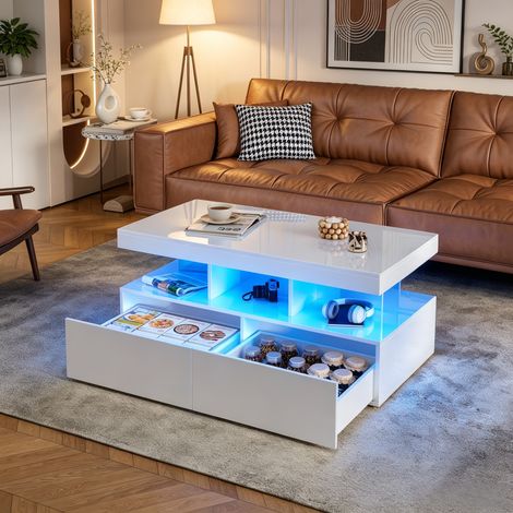 JOOKGBD-Tavolino da Caffè Lucido con LED,Tavolino d'Appoggio,Tavolo da Soggiorno Rettangolare con 2 Cassetti,Tavolino in Legno con Ripiano Aperto,Tavolino da Salotto Moderno,Bianco