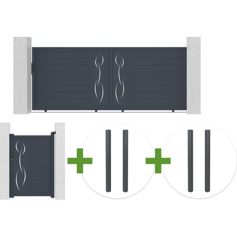 Portail coulissant 3,5m LIFE H.140cm aluminium gris + Portillon 1m LIFE H.140cm aluminium gris + 4 poteaux ELDA (1/5)