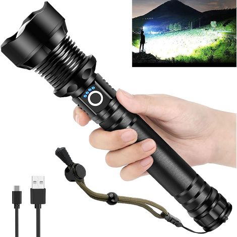 Torche P70 Ultra-Bright : Torche rechargeable avec câble USB, 5 modes, éclairage longue portée, affichage niveau batterie, pour extérieur (camping) (1/5)