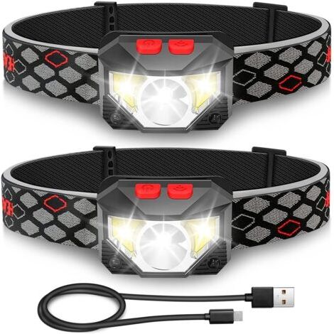 Lampe Frontale LED ,2 Pièces Super Lumineux Capteur De Mouvement Lampe, 1000 Lumens 10 Modes Torches Frontales 1200mAh Rechargeable USB, Lampe Torche Étanche, Camping, Randonnée, Pêche, Travail [Class