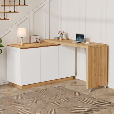 Bureau pivotant 2-en-1 avec meuble de rangement, roulettes avec frein, plateau rotatif, blanc et bois clair, 124 x 45 x 82 cm, pour bureau ou chambre – CHICFURN (1/5)