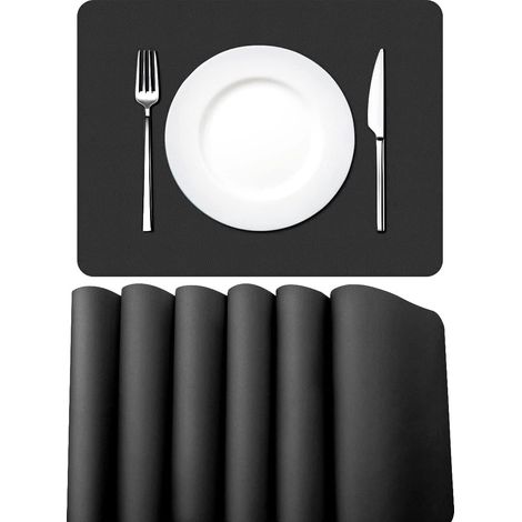 Ensemble de 6 couverts en similicuir, couverts rectangulaires imperméables et lavables, couverts en PVC résistant à la chaleur, 42 × 30 cm (noir)