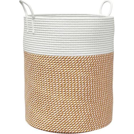 Panier de rangement en coton marron et blanc, 38 cm de diamètre et 46 cm de hauteur. (1/5)