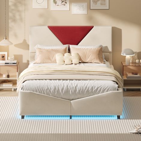 Polsterbett 160 x 200 cm mit Bettkasten, LED-Beleuchtung und Lattenrost – zweifarbiges Design – Samtbezug – Beige