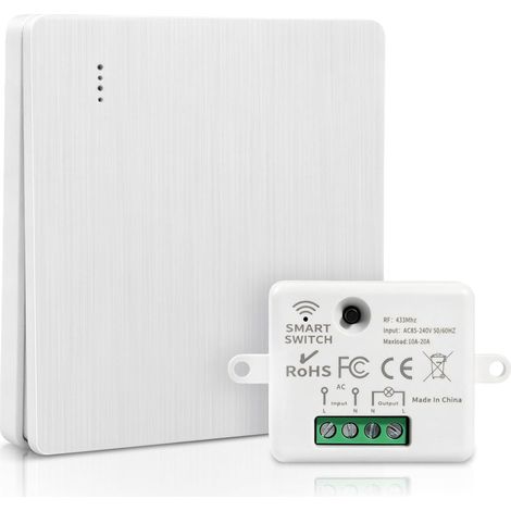 Interrupteur Sans Fil avec Récepteur 10A, 433Mhz 220V Va et Vient Installation Facile Sans Câblage, Interrupteur Portée 50m pour Lampe Escalier Maison et Bureau, Interrupteur d'éclairage (1/5)