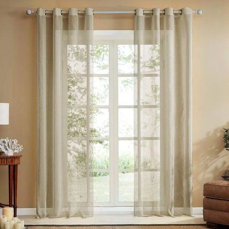 Lot de 2 Rideaux Voilage Kaki en Effet Lin - A Oeillets Rideau Decoration Chambre Semi-Transparent pour Salon Rideau Cuisine 140x180cm（Largeur x Hauteur） (1/5)