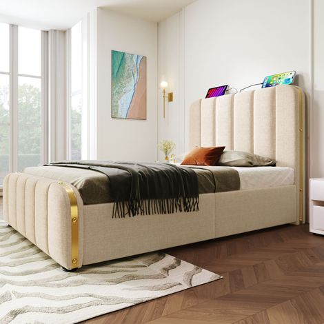 Lit coffre 90x200 cm beige, tête de lit capitonnée, bandes dorées, USB et Type-C, rangement hydraulique, sommier et matelas inclus (1/5)