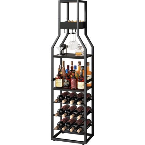 5 Tier Bottle Rack, Industrial Bar Cabinet, Black TMJ916B Wine Bottle Storage with Glass Holder, Bottle Holder, Wine Rack for Living Room, Kitchen, Dining Room (1/5)