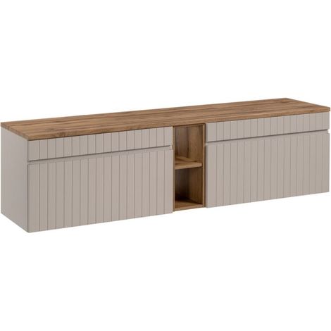Insieme ICON: mobile sottolavabo 180cm colore cachemire con nicchie visibili effetto legno + piano per lavabo effetto legno