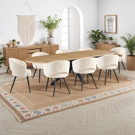 Table extensible 180-300 cm + 8 chaises tissu bouclette écru - VENTER