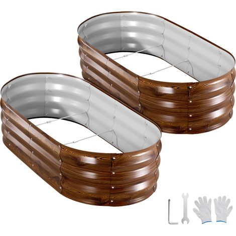 Mophorn Set di 2 fioriere rialzate in metallo zincato 1200x600x300 mm, ideali per esterni. Aiuole ovali senza fondo, perfette per coltivare fiori, verdure e piante. Design con finitura effetto legno. (1/5)