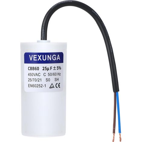 CBB60 AC Condensateur 25uF 450V Condensateurs de Démarrage Moteur Volet Roulant 25 MFD 450VAC SH 45x93MM 50/60Hz Avec Fil pour Pompe Piscine (1/5)