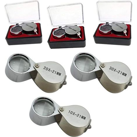 3 lupas de joyero de 10X / 20X / 30X, lupa de cristal para diamantes, lupa redonda de metal, lupa ocular, diámetro de lente de 21 mm, color plateado. (1/5)