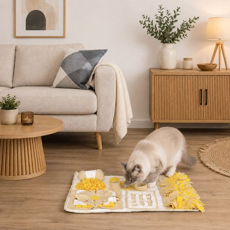 belviona Schnüffelmatte für Katzen, Teppich für Leckerlis und Trockenfutter, fördert Geruchssinn & Konzentration, 70x60 cm, gelb/braun (1/5)
