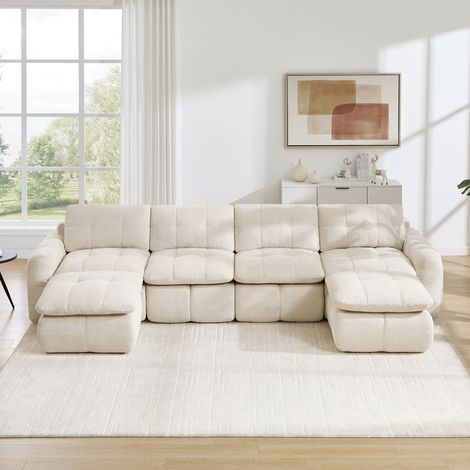 Canapé d'angle modulable en U 4 places avec 2 poufss, sans armature, assise profonde, matelassage quadrillé, sans montage, chenille, beige (1/5)