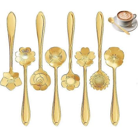 Ensemble de 16 cuillères à café Maitys en acier inoxydable à motif floral, pour desserts, sucre, crème glacée et thé, idéal pour la cuisine, les cafés ou les bars (doré). (1/5)