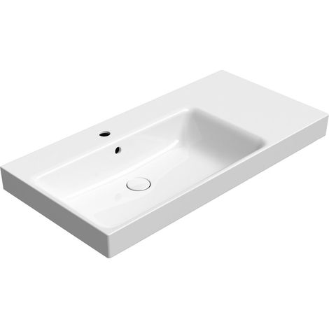 Lavabo en céramique NUBES 100x50cm, étagère à droite, blanc ExtraGlaze (1/3)