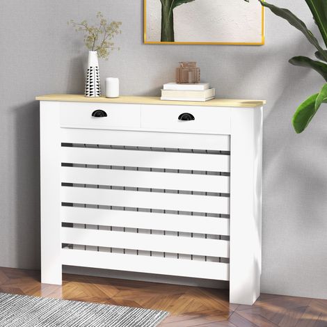 Cache-radiateur en MDF avec 2 tiroirs, idéal pour le salon, la chambre ou le couloir, 111 x 19 x 95,5 cm, blanc