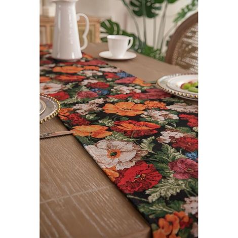 Nappe jacquard, fond noir fleurs + franges rouges pour fêtes, les vacances, les banquets en plein air, décoration de mariage (33220cm)