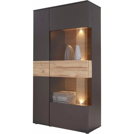 Armoire vitrée 2 portes droite avec éclairage LED – Décor bois clair et gris anthracite – Système soft-close – Fabrication européenne – Meubletmoi