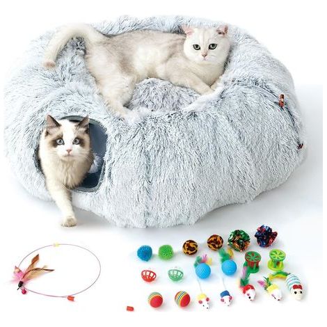 3-in-1 Katzentunnel, wandelbar rund, abnehmbare Kuppel, Metallrahmen, belüftet, mit 20 Spielzeugen, für Katzen und Kaninchen (1/5)